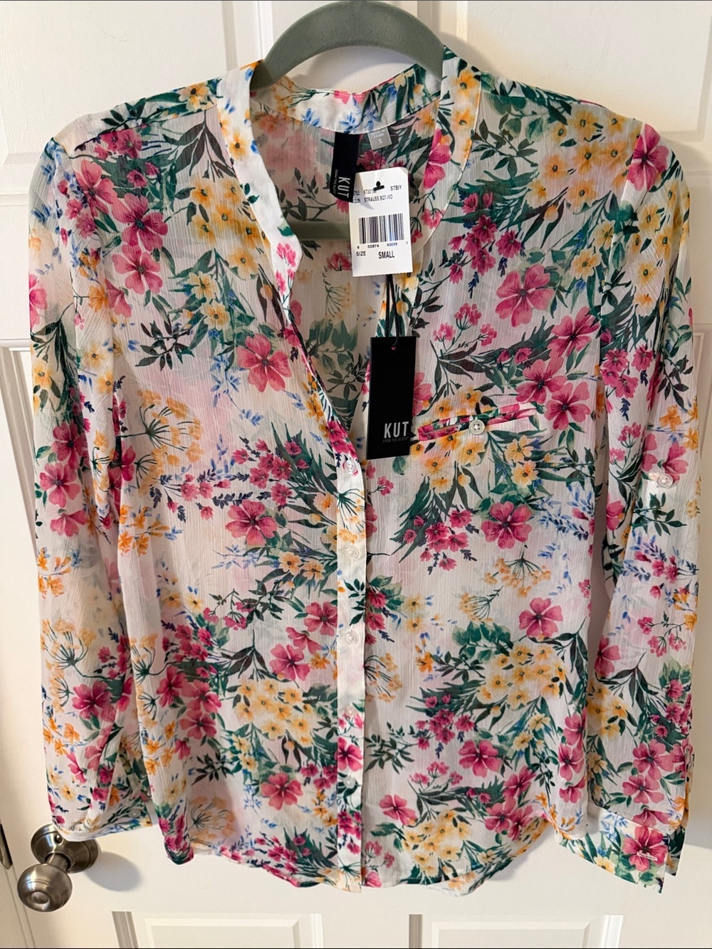 NWT Kut from the Kloth Sheer Floral Button Down Blouse Roll Tab Sleeve Small